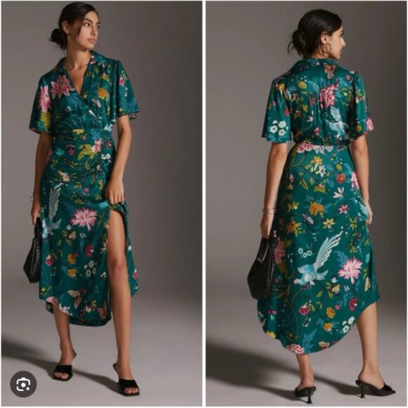 Anthropologie Dresses & Skirts - Anthropologie Teal Floral Wrap Midi Dress